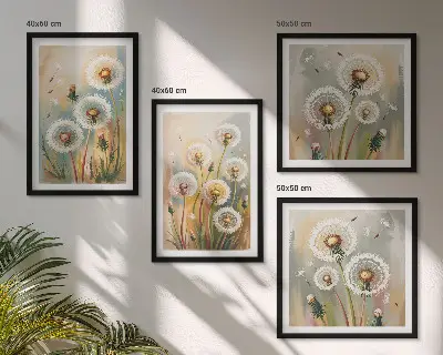 Löwenzahnblüten und pastellfarbene Gräser als mehrteiliges Wandbild mit Rahmen