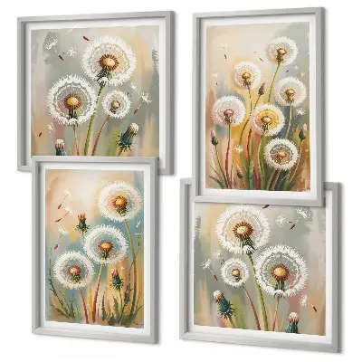 Löwenzahnblüten und pastellfarbene Gräser als mehrteiliges Wandbild mit Rahmen