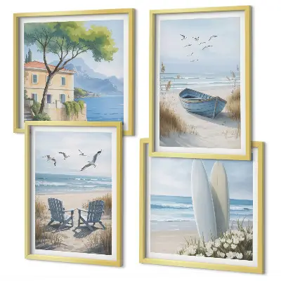 Strandbretter, Surfboote, Vögel Polyptychon mit Rahmen