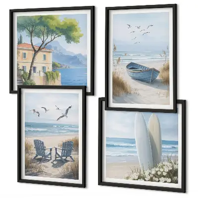 Strandbretter, Surfboote, Vögel Polyptychon mit Rahmen