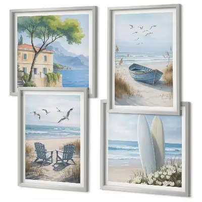 Strandbretter, Surfboote, Vögel Polyptychon mit Rahmen