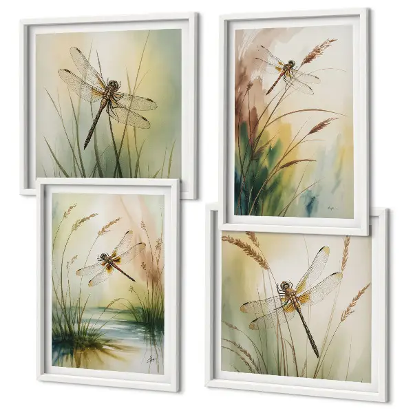 Libellen im Gras Aquarellbild als Polyptychon mit Rahmen