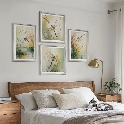 Libellen im Gras Aquarellbild als Polyptychon mit Rahmen