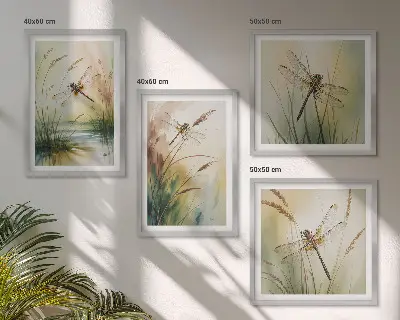 Libellen im Gras Aquarellbild als Polyptychon mit Rahmen