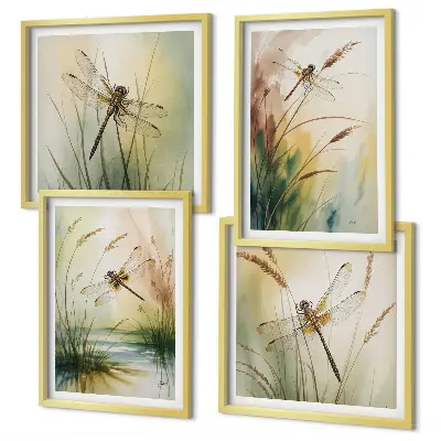 Libellen im Gras Aquarellbild als Polyptychon mit Rahmen