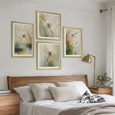 Libellen im Gras Aquarellbild als Polyptychon mit Rahmen