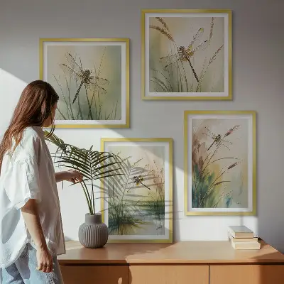 Libellen im Gras Aquarellbild als Polyptychon mit Rahmen