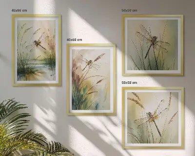 Libellen im Gras Aquarellbild als Polyptychon mit Rahmen