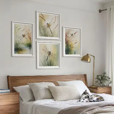 Libellen im Gras Aquarellbild als Polyptychon mit Rahmen