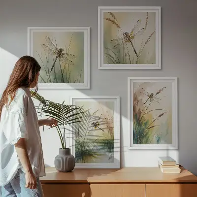 Libellen im Gras Aquarellbild als Polyptychon mit Rahmen
