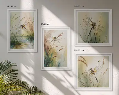 Libellen im Gras Aquarellbild als Polyptychon mit Rahmen