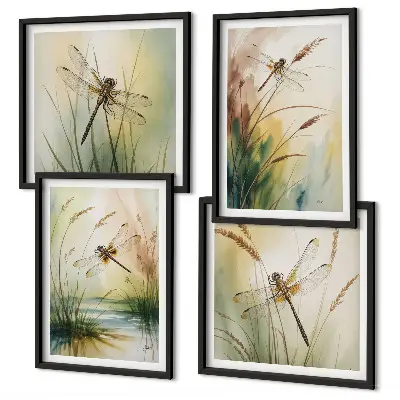 Libellen im Gras Aquarellbild als Polyptychon mit Rahmen