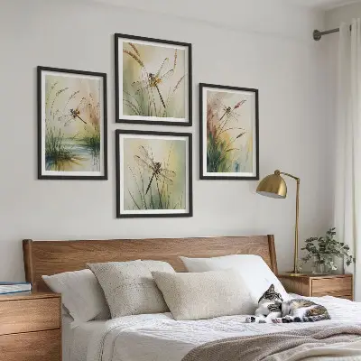 Libellen im Gras Aquarellbild als Polyptychon mit Rahmen