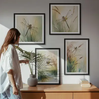 Libellen im Gras Aquarellbild als Polyptychon mit Rahmen