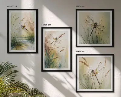 Libellen im Gras Aquarellbild als Polyptychon mit Rahmen