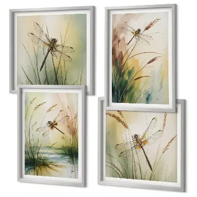 Libellen im Gras Aquarellbild als Polyptychon mit Rahmen