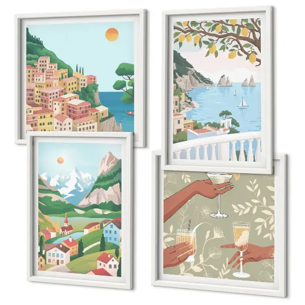 Wanddeko-Set mit pastellfarbenen Küstenhäusern