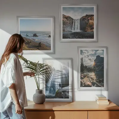 Wandbild Wasserfälle, Berge und Naturlandschaften als gerahmtes Polyptychon