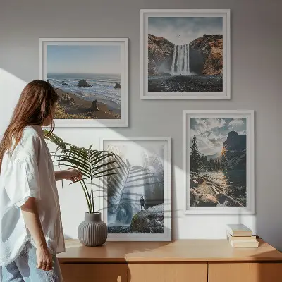 Wandbild Wasserfälle, Berge und Naturlandschaften als gerahmtes Polyptychon