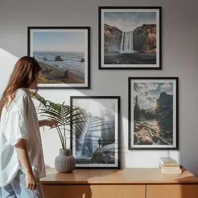 Wandbild Wasserfälle, Berge und Naturlandschaften als gerahmtes Polyptychon