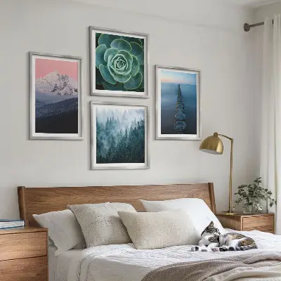 Wanddeko-Set mit Bergen, rosa Himmel, Wasser und Sukkulenten