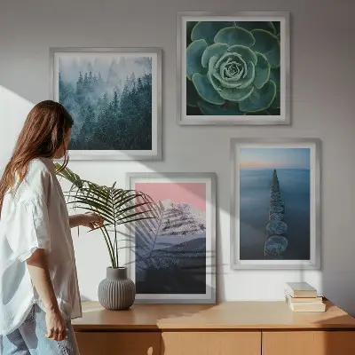 Wanddeko-Set mit Bergen, rosa Himmel, Wasser und Sukkulenten