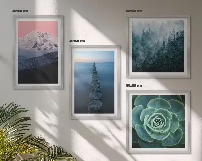 Wanddeko-Set mit Bergen, rosa Himmel, Wasser und Sukkulenten