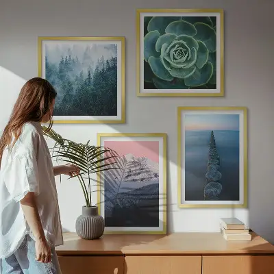 Wanddeko-Set mit Bergen, rosa Himmel, Wasser und Sukkulenten