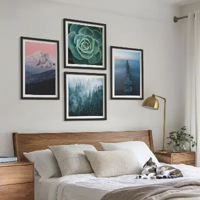 Wanddeko-Set mit Bergen, rosa Himmel, Wasser und Sukkulenten