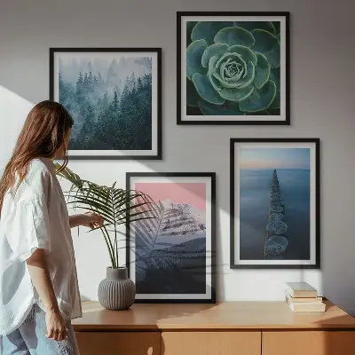 Wanddeko-Set mit Bergen, rosa Himmel, Wasser und Sukkulenten