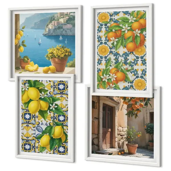Wanddeko-Set mit Zitronen, Blumen und Orangen im italienischen Stil