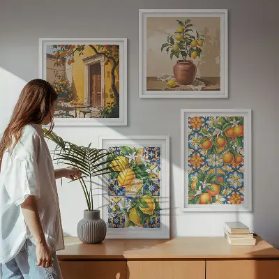 Polyptychon mit Rahmen mit Zitronenorange-Blütenmuster