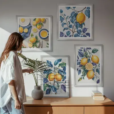 Zitronenzweige mit blauen Blättern Polyptychon mit Rahmen