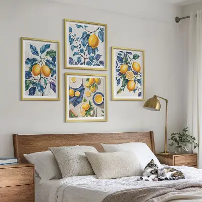 Zitronenzweige mit blauen Blättern Polyptychon mit Rahmen