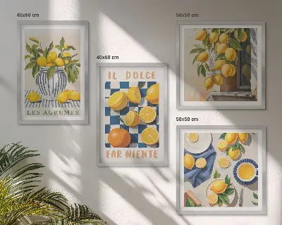 Wanddeko-Set mit retro Zitrusfrüchten in Gelb
