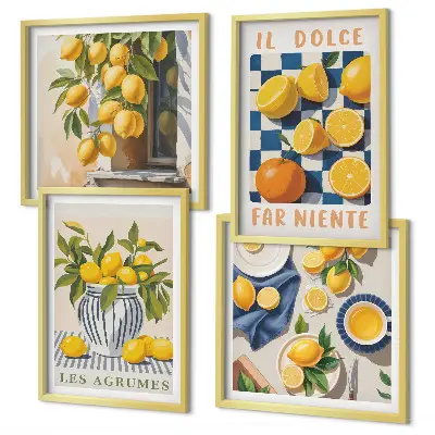 Wanddeko-Set mit retro Zitrusfrüchten in Gelb