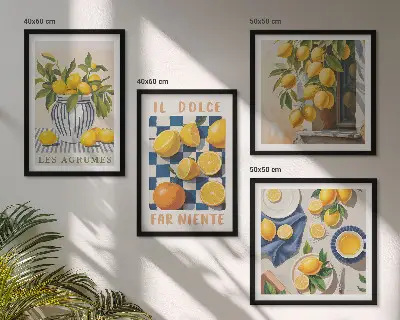 Wanddeko-Set mit retro Zitrusfrüchten in Gelb
