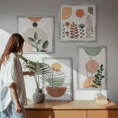 Abstrakte Pflanzenformen Wandbild als Polyptychon mit Rahmen
