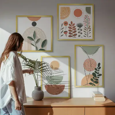 Abstrakte Pflanzenformen Wandbild als Polyptychon mit Rahmen