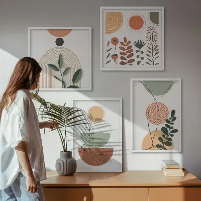 Abstrakte Pflanzenformen Wandbild als Polyptychon mit Rahmen