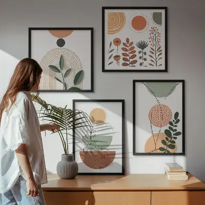 Abstrakte Pflanzenformen Wandbild als Polyptychon mit Rahmen