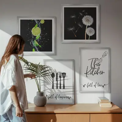 Löwenzahn Kalk Kücheninschriften als mehrteiliges Wandbild mit Rahmen