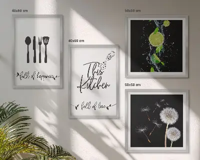 Löwenzahn Kalk Kücheninschriften als mehrteiliges Wandbild mit Rahmen