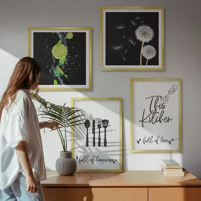 Löwenzahn Kalk Kücheninschriften als mehrteiliges Wandbild mit Rahmen