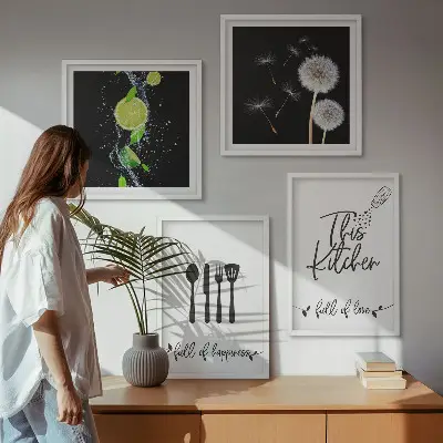 Löwenzahn Kalk Kücheninschriften als mehrteiliges Wandbild mit Rahmen