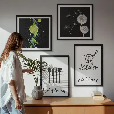 Löwenzahn Kalk Kücheninschriften als mehrteiliges Wandbild mit Rahmen