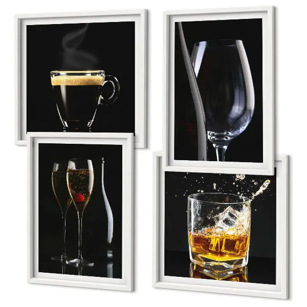 Wanddeko-Set mit Motiven zu Whisky, Wein, Champagner und Kaffee