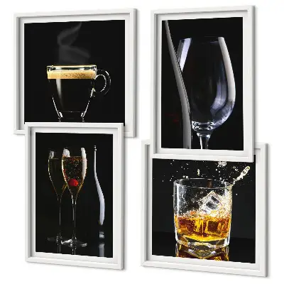 Wanddeko-Set mit Motiven zu Whisky, Wein, Champagner und Kaffee