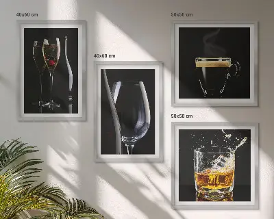 Wanddeko-Set mit Motiven zu Whisky, Wein, Champagner und Kaffee