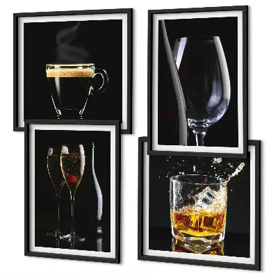 Wanddeko-Set mit Motiven zu Whisky, Wein, Champagner und Kaffee